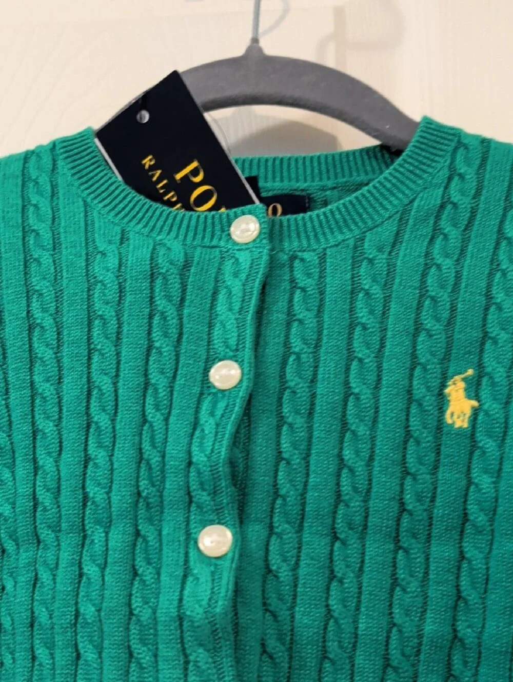 Ralph Lauren Emerald Green 100% Cotton Cable-Knit Cardigan with Pony Logo